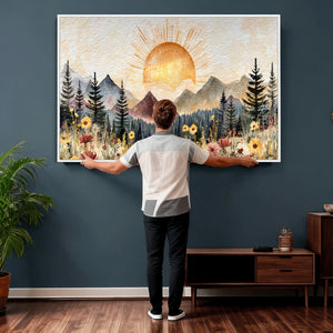 Boho Mountain Landscape Large Wall Art, Horizontal Gold