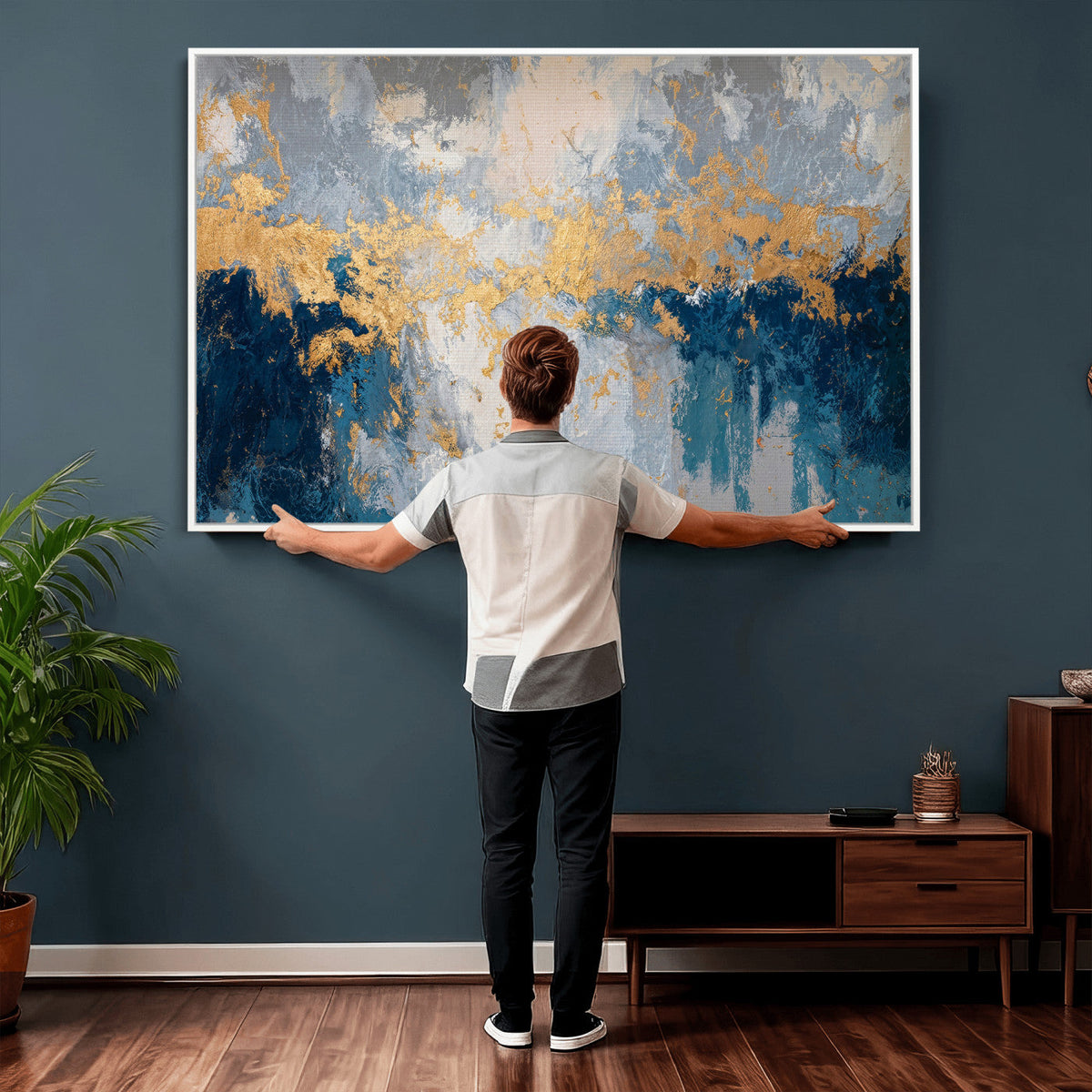 Blue Gold Abstract Large Framed Canvas Wall Art, Modern