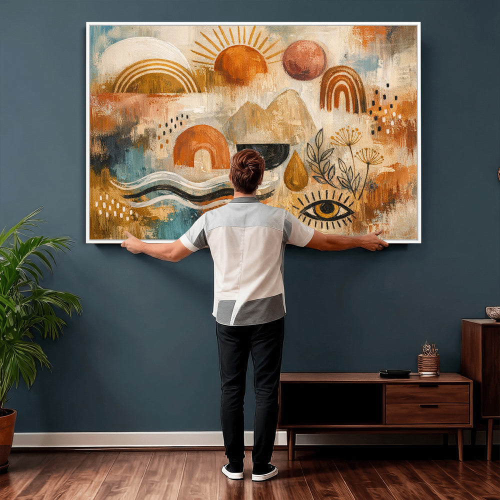 Geometric Boho Abstract Wall Art Canvas Print, Orange Blue