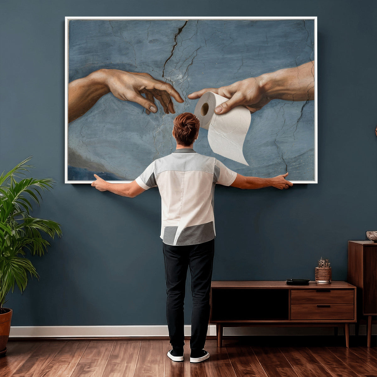 Funny Bathroom Canvas Wall Art, Michelangelo Creation of