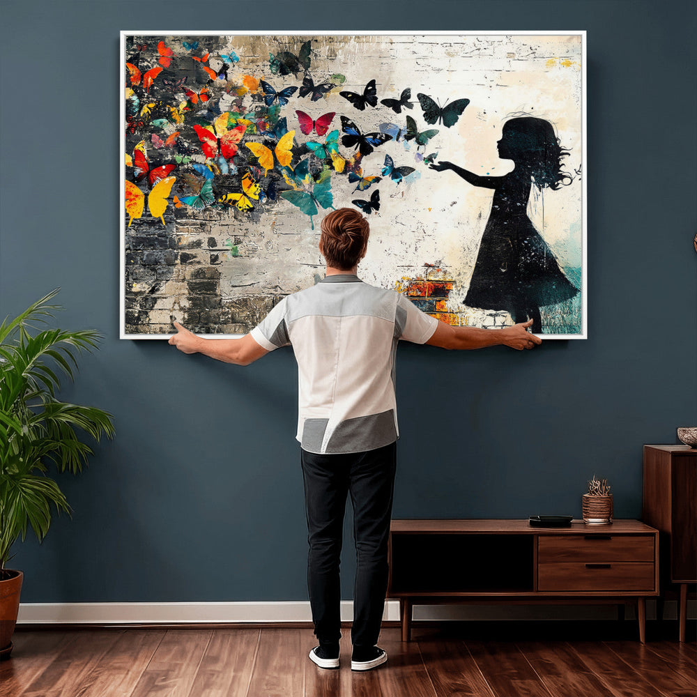 Banksy Butterfly Girl Wall Art Canvas Print, Framed Street