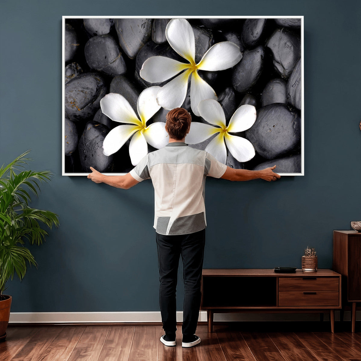 Plumeria Frangipani Black Stone Canvas | White Flower Spa