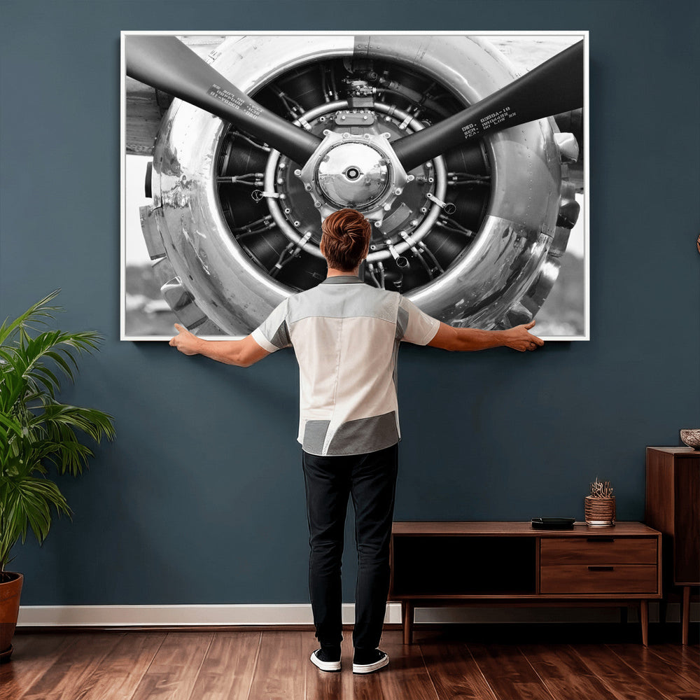 Vintage Propeller Plane Wall Art Canvas Print, Black and