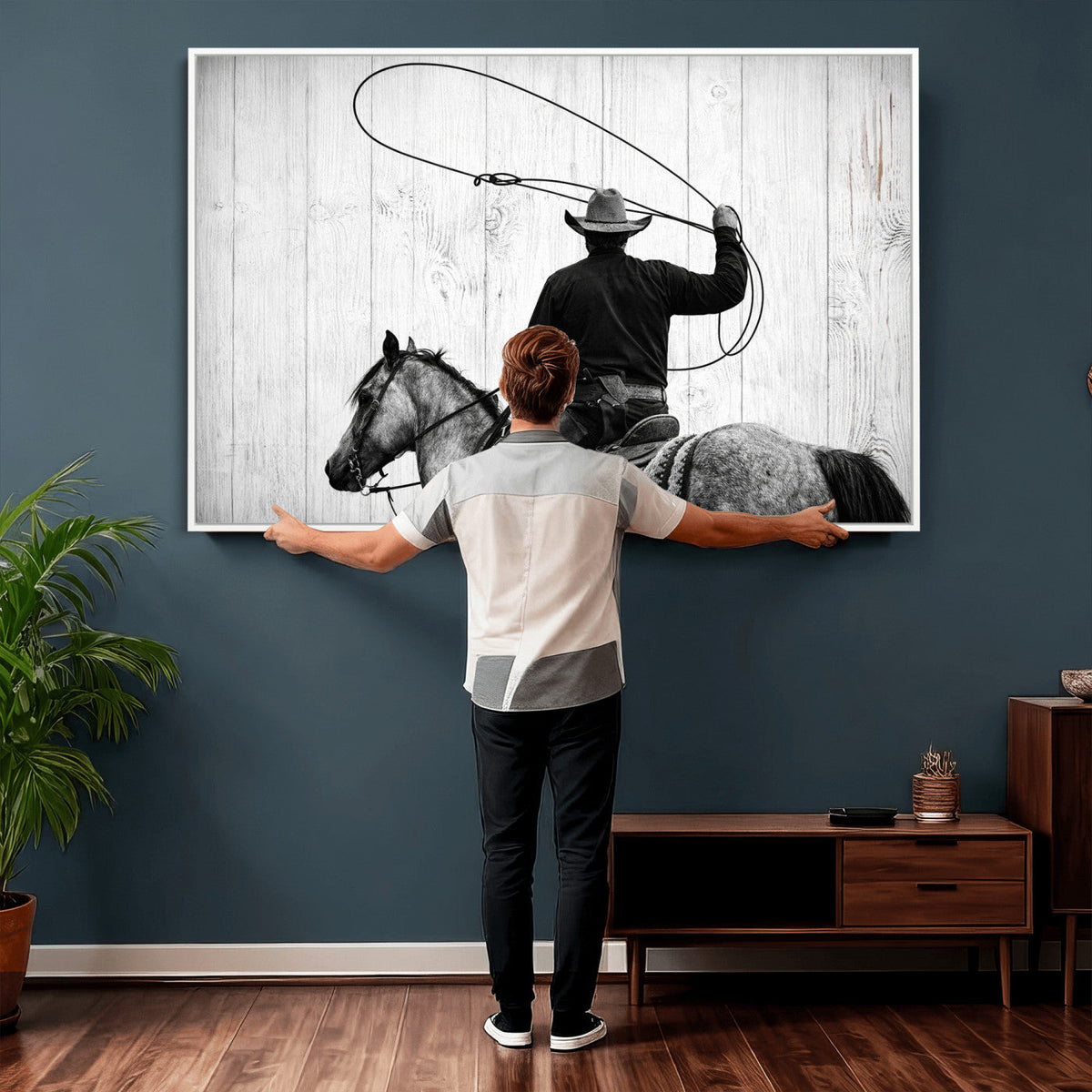 Cowboy Lasso Canvas Wall Art, Black White Western Horse