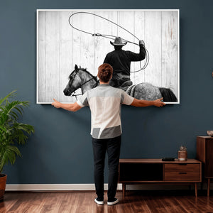 Cowboy Lasso Canvas Wall Art, Black White Western Horse