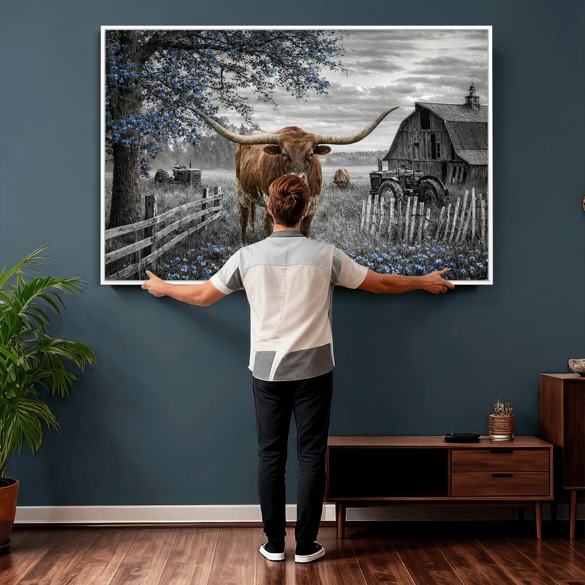 Texas Longhorn Canvas Wall Art, Rustic Farm Barn Bluebonnet