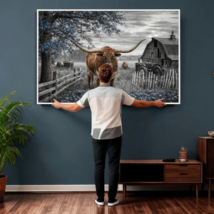 Texas Longhorn Canvas Wall Art, Rustic Farm Barn Bluebonnet