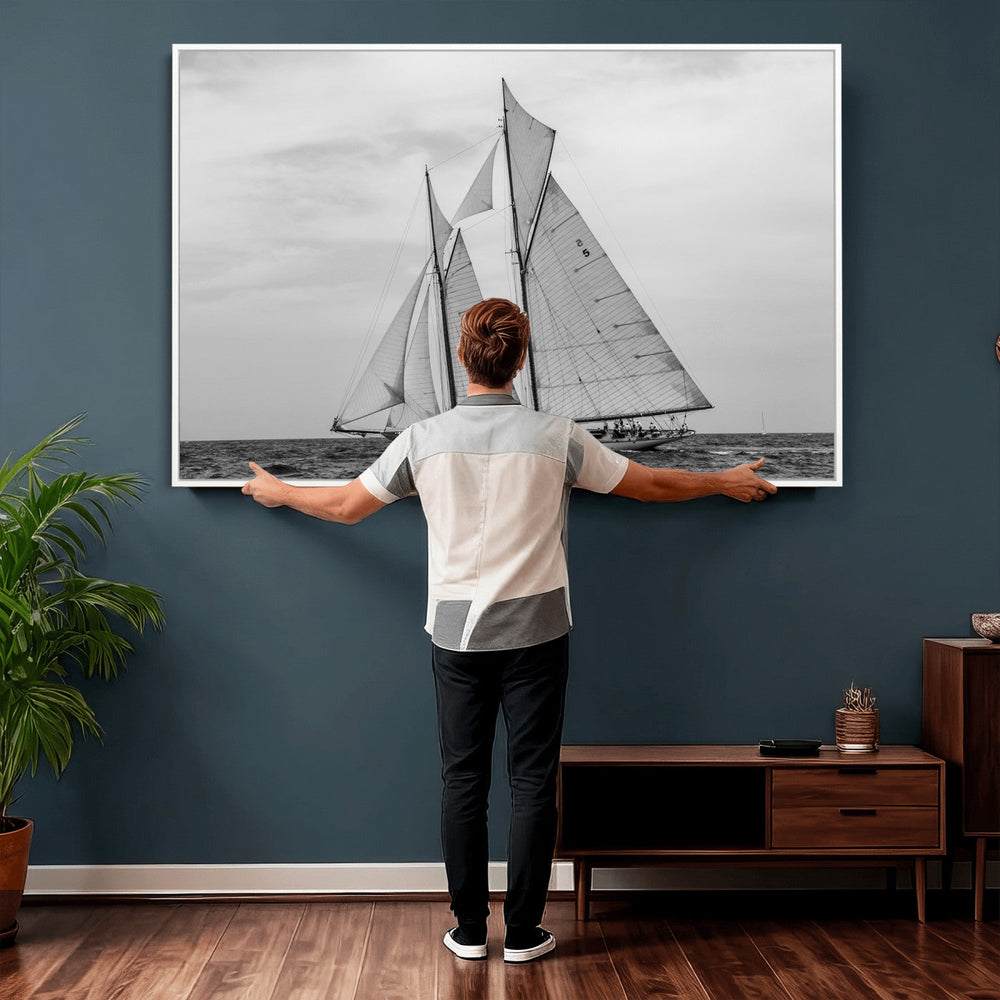Vintage Sailboat Wall Art Canvas Print, Black and White