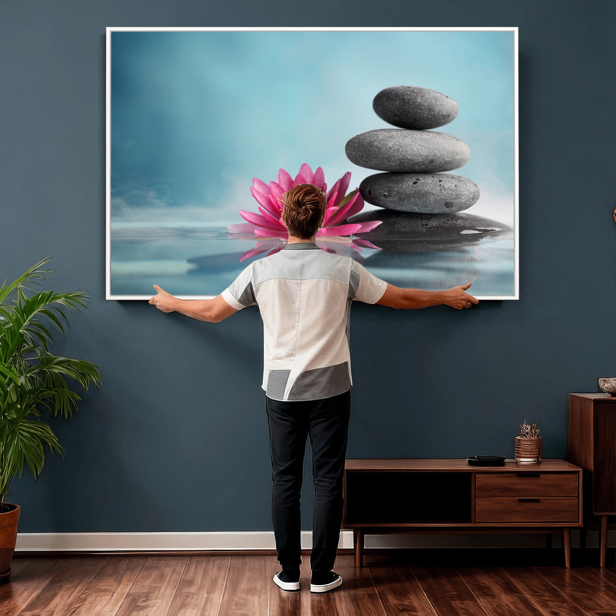 Zen Canvas Wall Art Lotus Flower Stacked Stones Teal Spa