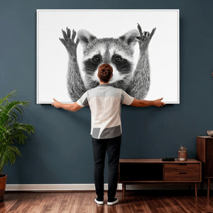 Funny Raccoon Canvas Wall Art, Black White Hands Up Animal Photo Print, Humorous Wildlife Decor, Kids Room Nursery Art, Quirky Animal Gift