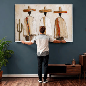 Mexican Wall Art Canvas Print, Southwestern Sombrero Poncho Painting, Neutral Earthy Boho Decor, Fiesta Living Room Art, Impasto Style Print