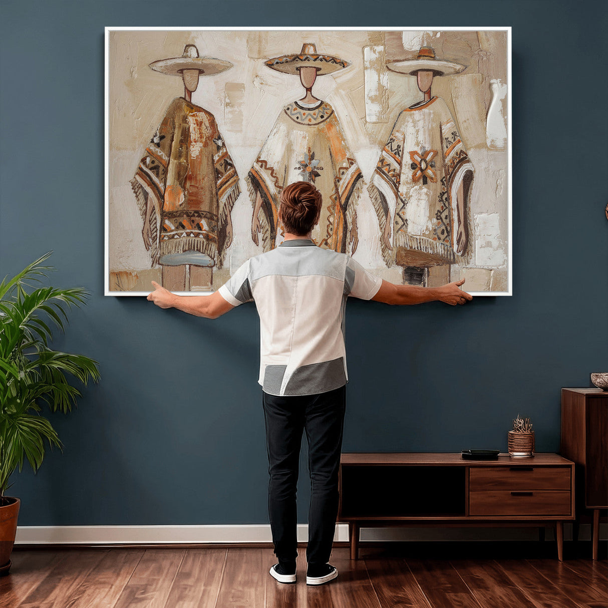 Mexican Folk Art Canvas Wall Art, Charro Poncho Sombrero Painting Print, Neutral Beige Boho Decor, Southwestern Impasto Style, Living Room Art