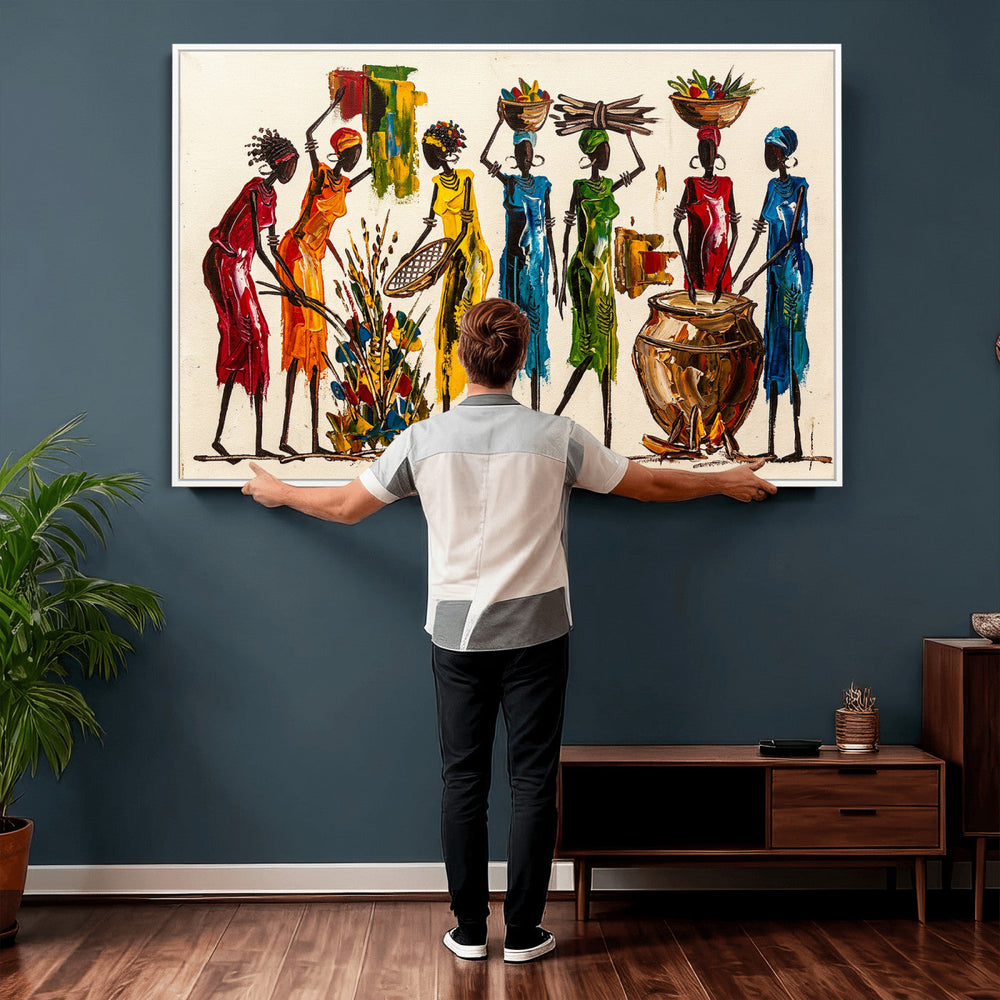 African Folk Art Canvas Wall Art, Colorful African Women Village Painting Print, Tribal Ethnic Home Decor, Vibrant African Art, Living Room