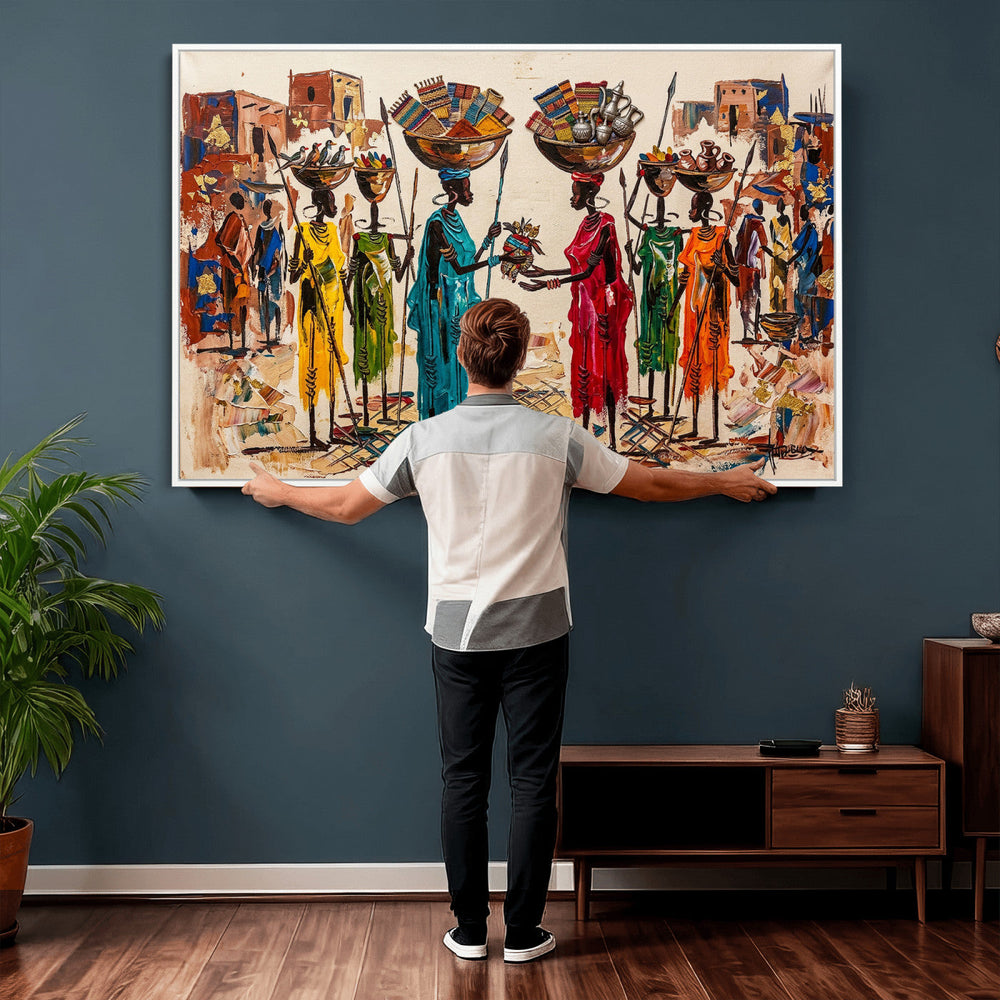 African Folk Art Canvas Wall Art, Colorful African Women Village Painting Print, Tribal Ethnic Home Decor, Vibrant African Art, Living Room