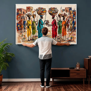 African Folk Art Canvas Wall Art, Colorful African Women Village Painting Print, Tribal Ethnic Home Decor, Vibrant African Art, Living Room