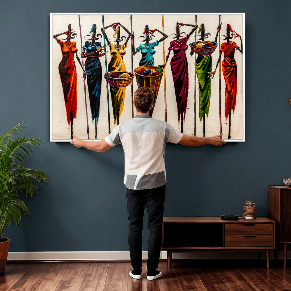 African Folk Art Canvas Wall Art, Colorful African Women Village Painting Print, Tribal Ethnic Home Decor, Vibrant African Art, Living Room