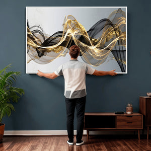 Black and Gold Abstract Wall Art, Modern Wave Canvas Print, Elegant Flowing Smoke Art, Luxury Living Room Decor