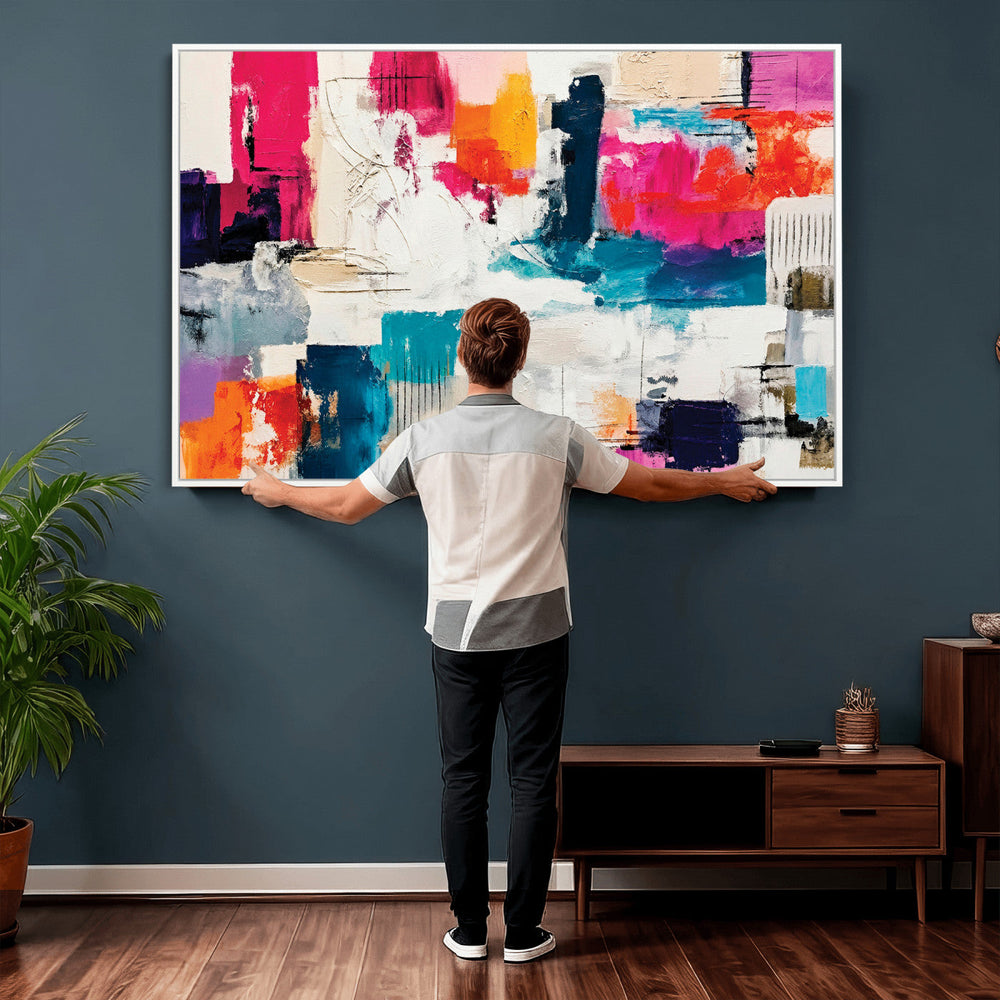 Blue Teal Abstract Canvas Wall Art, Modern Textured Painting Print, Navy Orange White Contemporary Art, Neutral Living Room Decor, Office Art