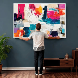 Blue Teal Abstract Canvas Wall Art, Modern Textured Painting Print, Navy Orange White Contemporary Art, Neutral Living Room Decor, Office Art