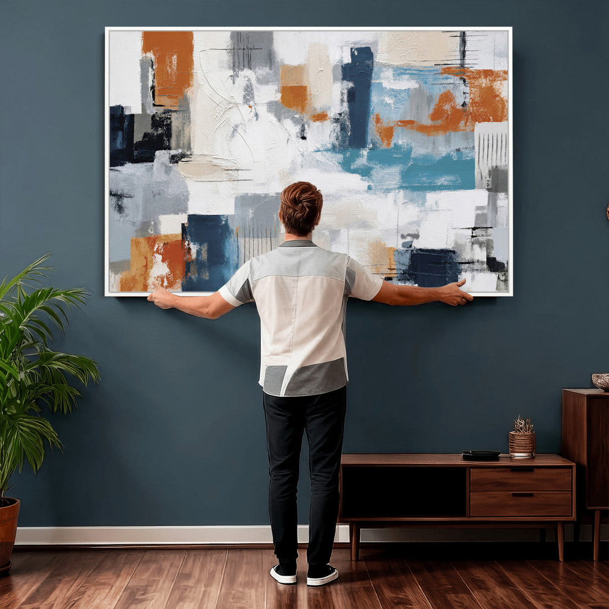 Blue Teal Abstract Canvas Wall Art, Modern Textured Painting Print, Navy Orange White Contemporary Art, Neutral Living Room Decor, Office Art