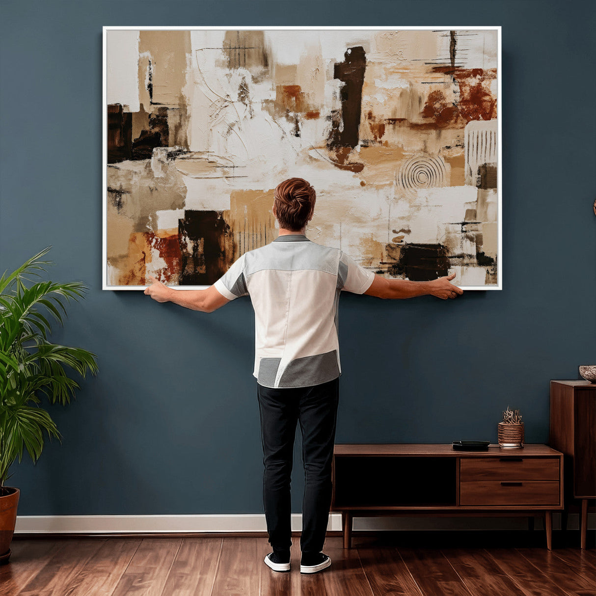 Blue Teal Abstract Canvas Wall Art, Modern Textured Painting Print, Navy Orange White Contemporary Art, Neutral Living Room Decor, Office Art