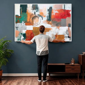 Blue Teal Abstract Canvas Wall Art, Modern Textured Painting Print, Navy Orange White Contemporary Art, Neutral Living Room Decor, Office Art