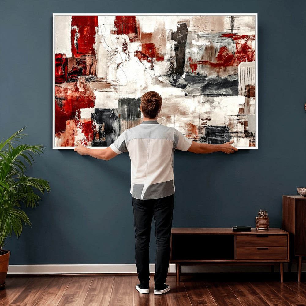 Blue Teal Abstract Canvas Wall Art, Modern Textured Painting Print, Navy Orange White Contemporary Art, Neutral Living Room Decor, Office Art