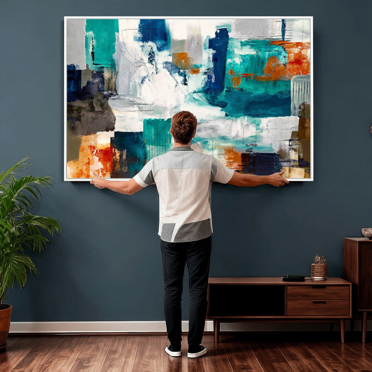 Blue Teal Abstract Canvas Wall Art, Modern Textured Painting Print, Navy Orange White Contemporary Art, Neutral Living Room Decor, Office Art