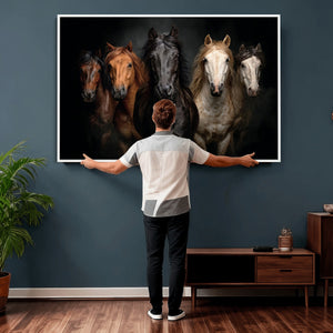 Horse Wall Art Canvas Print, Wild Horses Portrait Photography, Dramatic Equestrian Decor, Black Brown White Horse Herd, Rustic Ranch Art