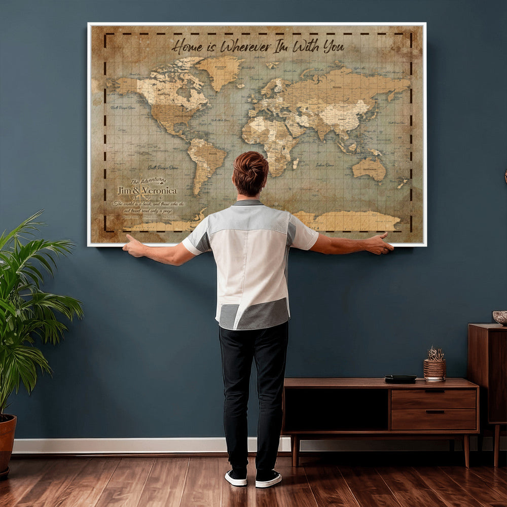 Vintage Personalized Push Pin World Map, Vintage Travel Map Canvas, Custom Names Anniversary Gift, Places Visited Pin Board, Couples Adventure Art