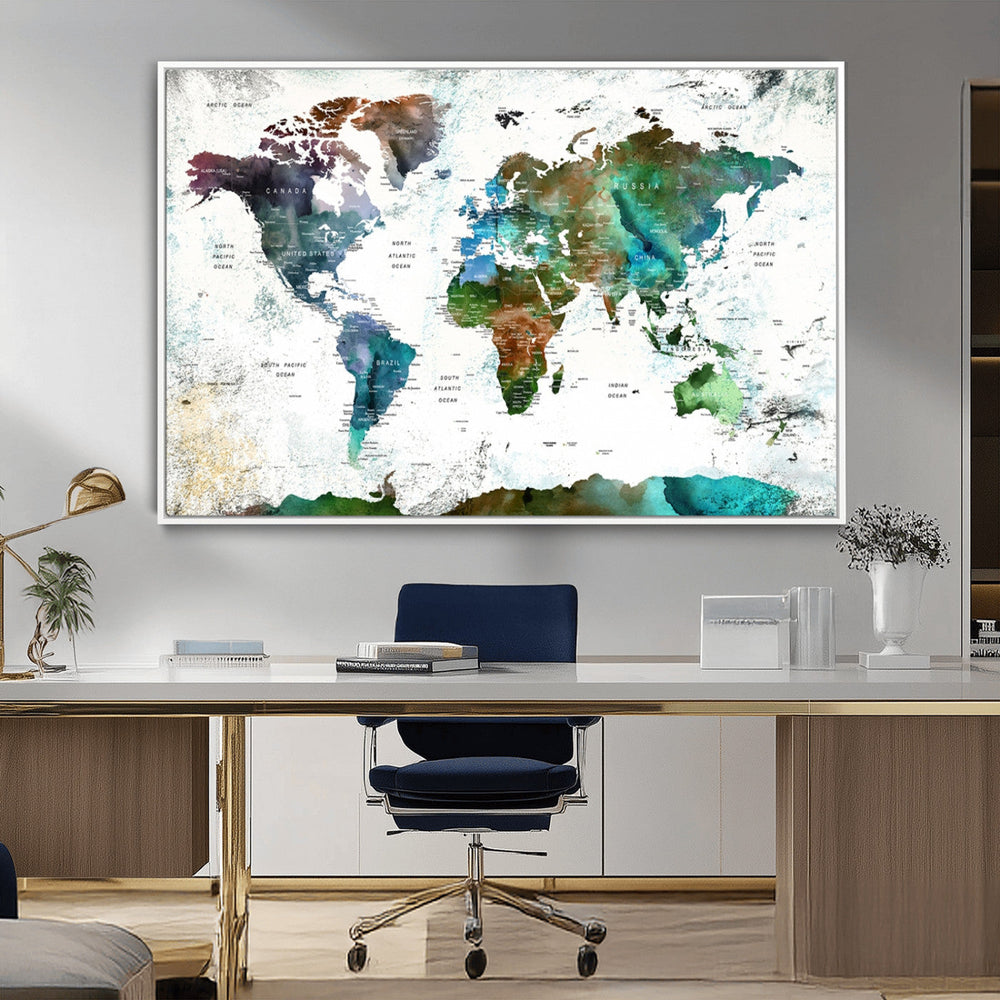 Modern Watercolor World Map Canvas Wall Art – Framed