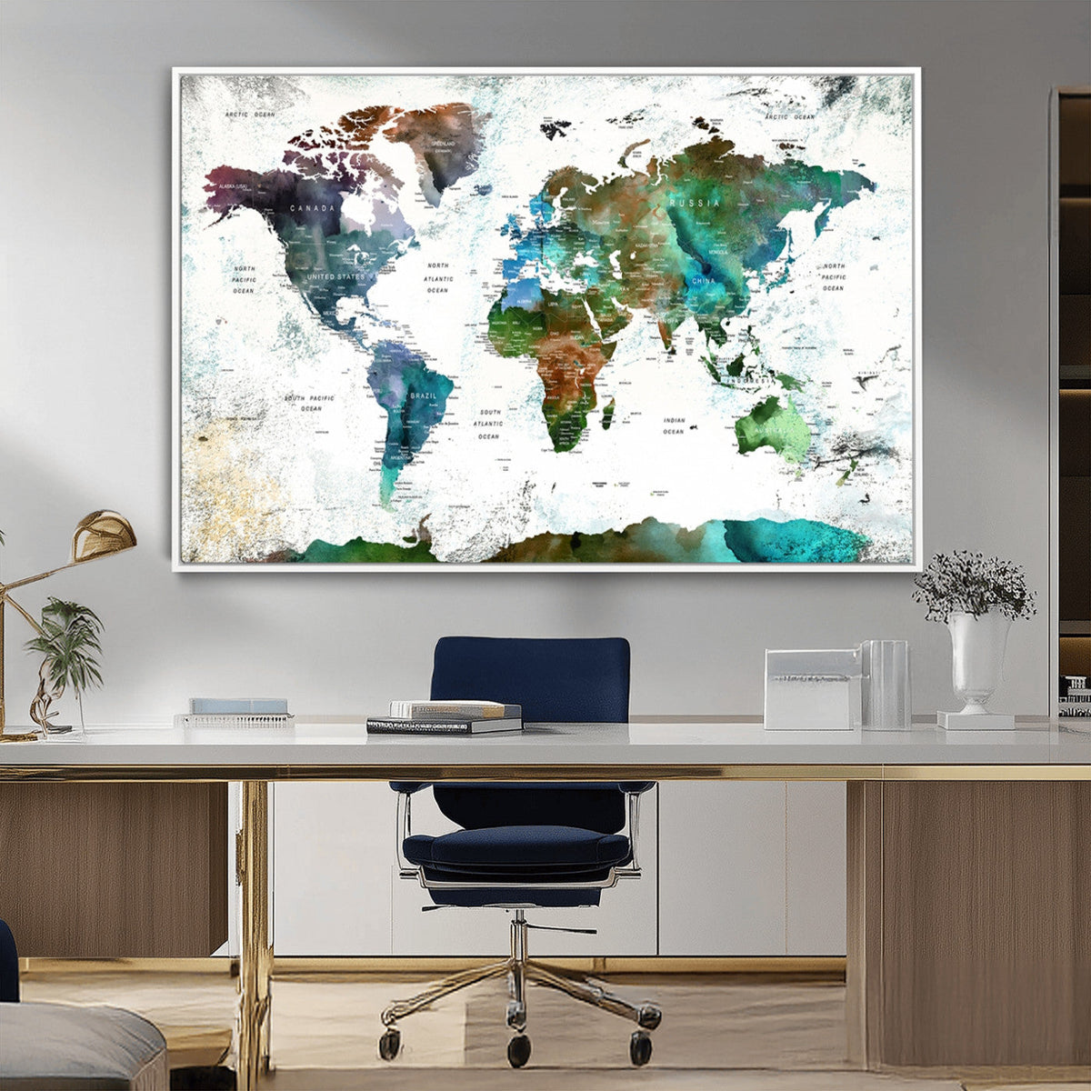Modern Watercolor World Map Canvas Wall Art – Framed