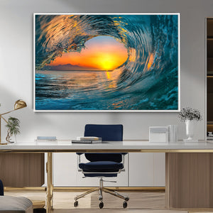 Ocean Wave Sunset Wall Art | Large Coastal Wave Canvas Print