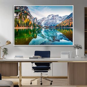 Spectacular autumn view of Braies Lake Wall Art Canvas Print