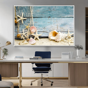 Seashells on Rustic Wooden Background, Seashells Wall Art