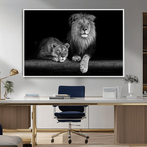 Large Black and White Lion Couple Wall Art Canvas Print –