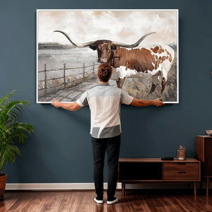 Vintage Texas Cow Wall Art Canvas Print, Rustic Longhorn
