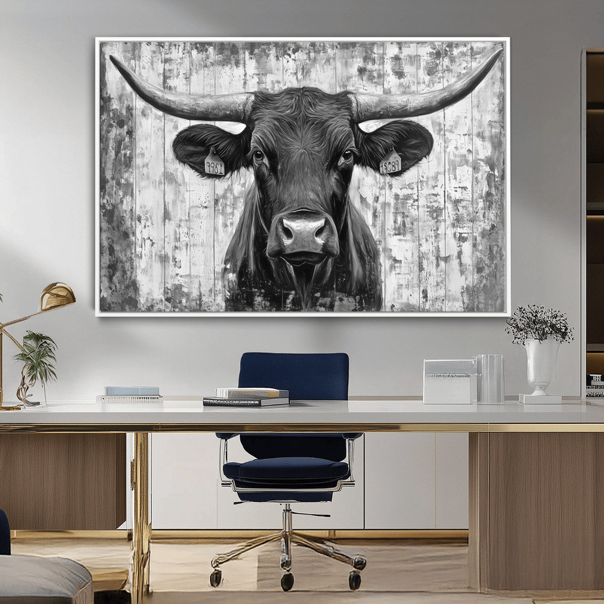 Abstract Longhorn Bull Wall Art Canvas Print - Rustic Texas
