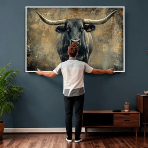 Texas Longhorn Bull Wall Art – Framed Rustic Cow Canvas