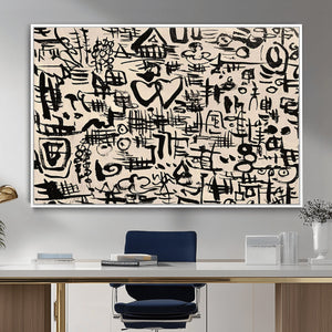 Abstract Love and Chaos Canvas Print, Black Symbols on Beige