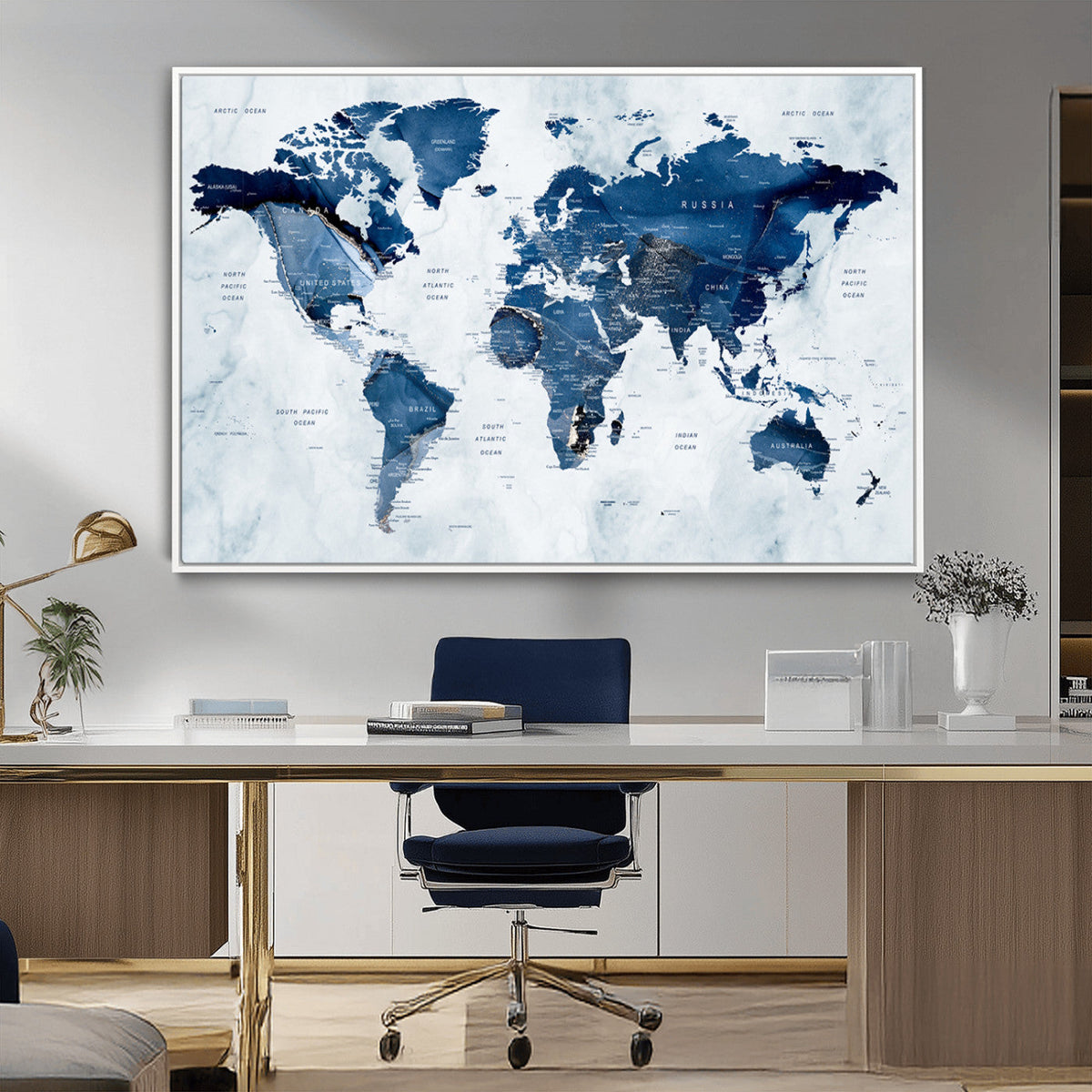 Modern Blue World Map Canvas Print – Framed Wall Art,