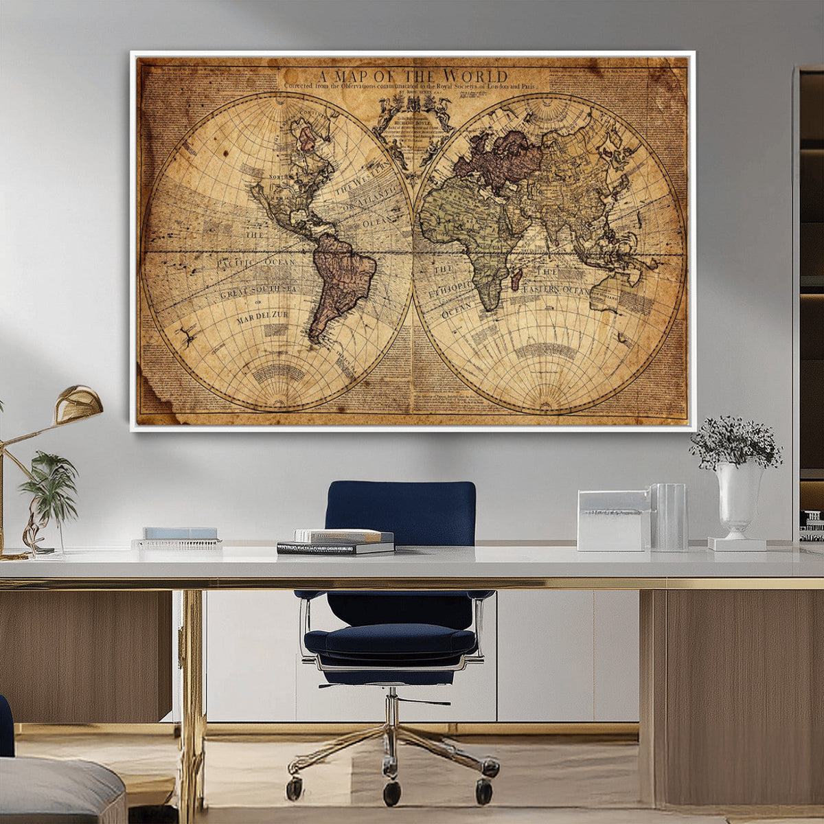 Vintage World Map Wall Art Canvas – Antique Style Push Pin