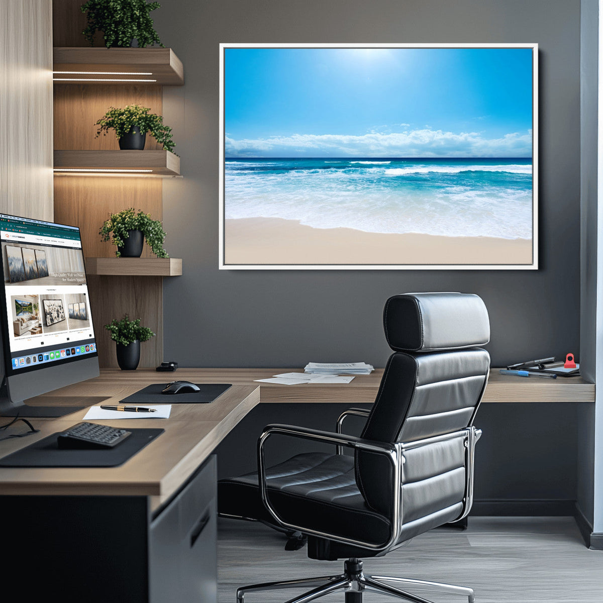Wall Art Canvas Print Shiny Blue Sea and Beach
