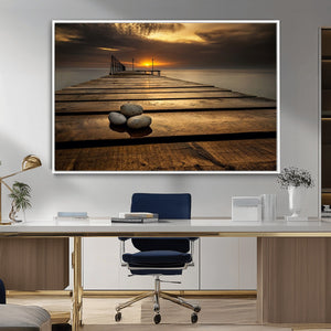 Stones on Wooden Pier at Sunset Canvas Print, Serene Coastal