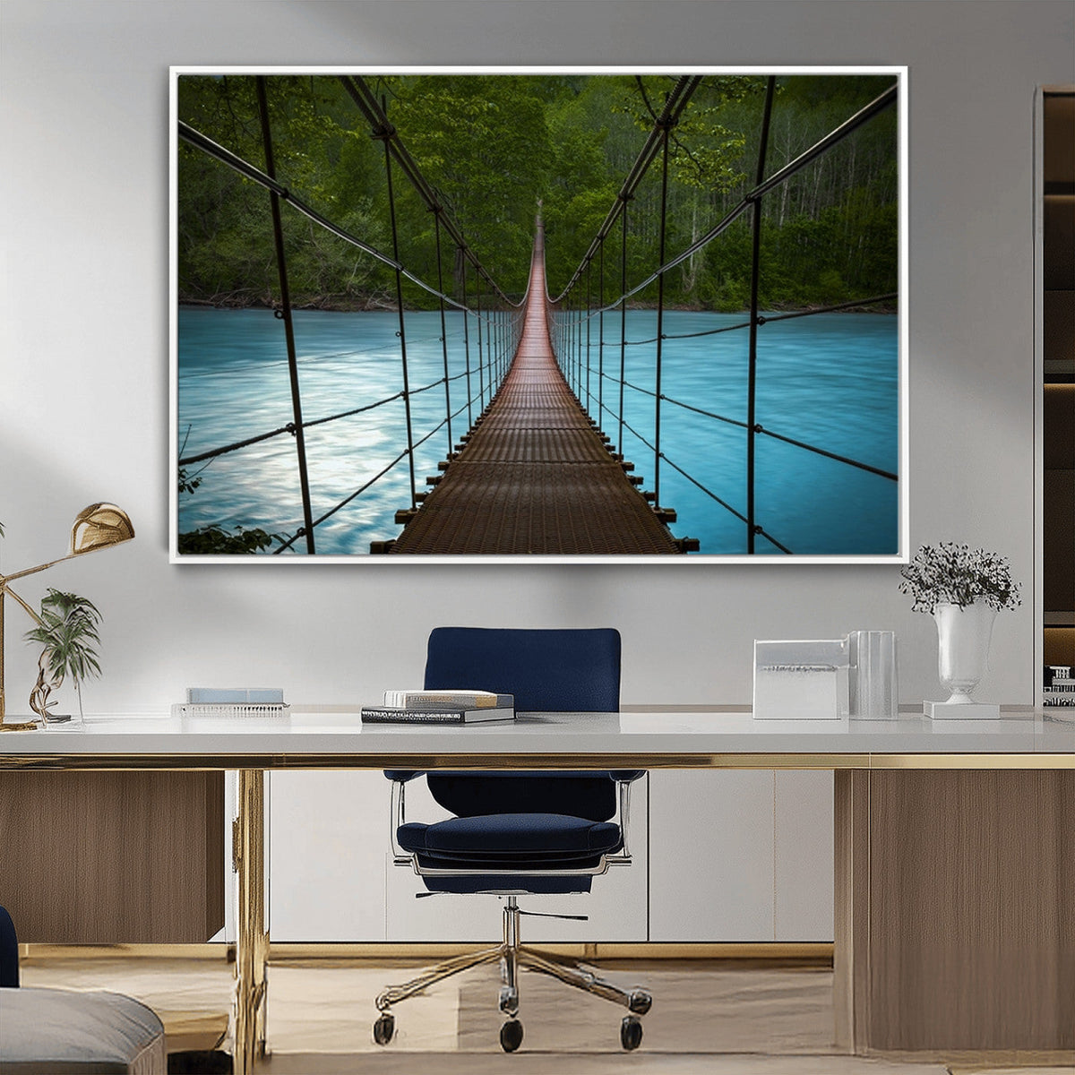 Suspension Bridge Over River Canvas Art | 3-Panel Nature
