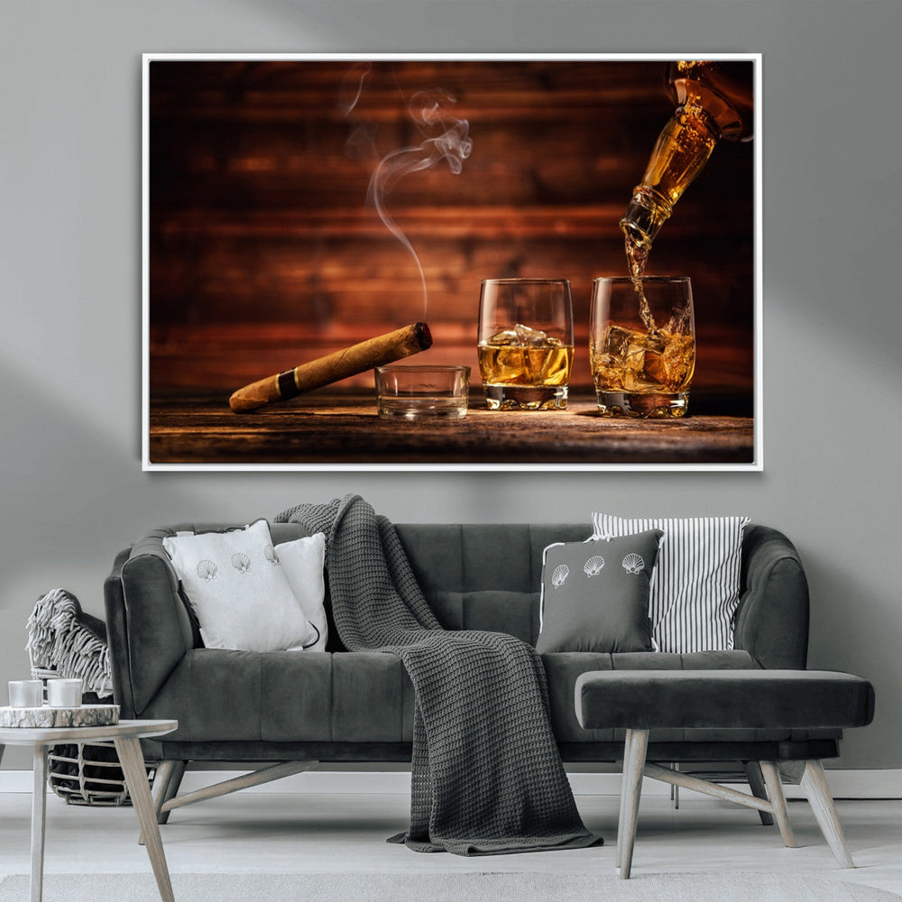 Whiskey and Cigar Wall Art Canvas | 3 Panel Bar Room Decor