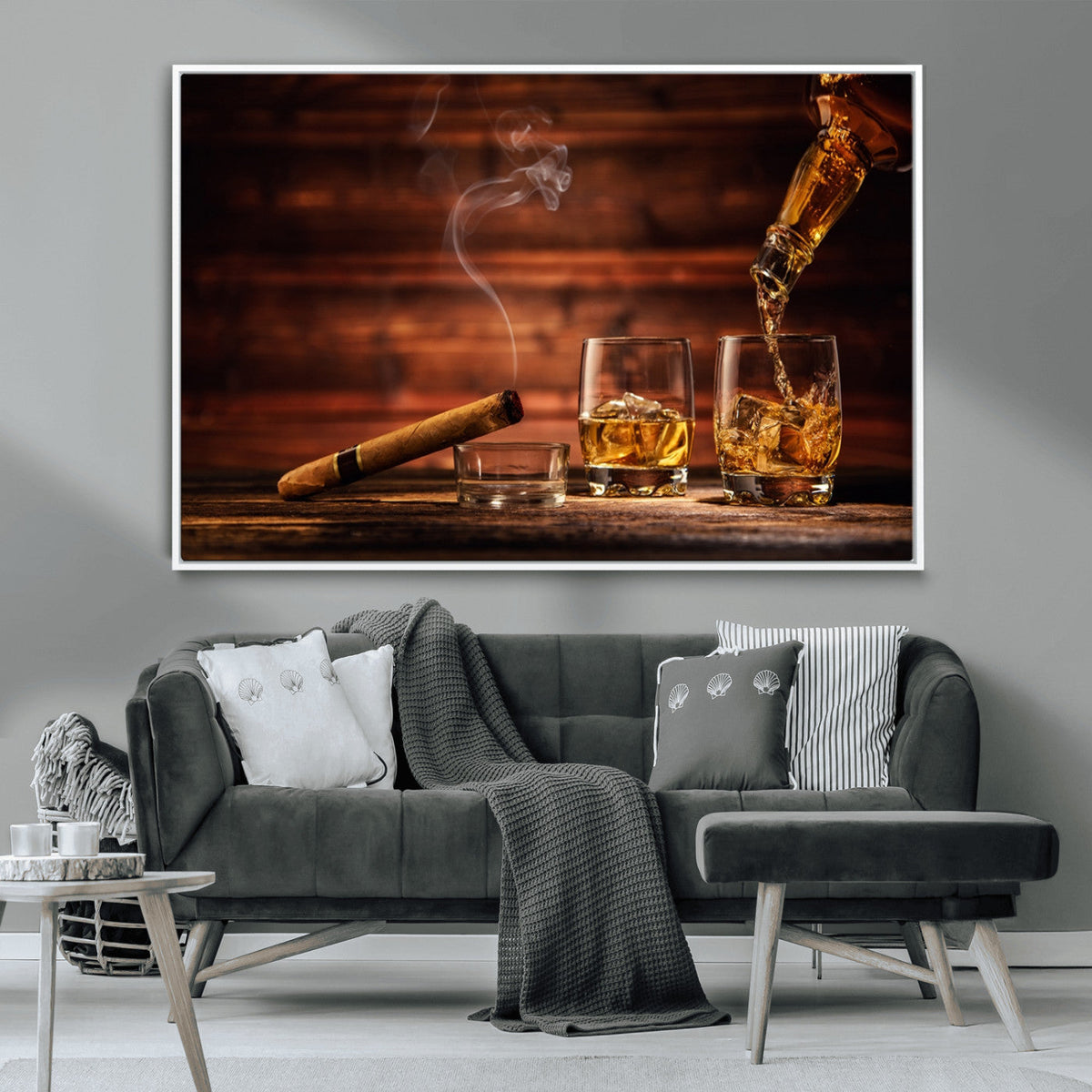 Whiskey and Cigar Wall Art Canvas | 3 Panel Bar Room Decor