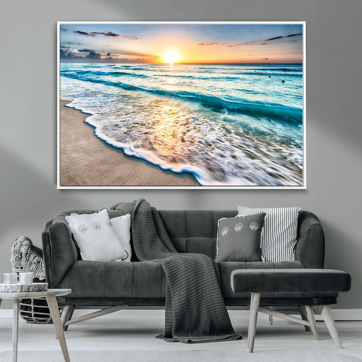 Sunset Beach Waves Canvas Wall Art – 5-Panel Ocean Sunset