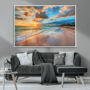 Sunset Ocean Waves on Tropical Beach, 3-Panel Giclee Canvas