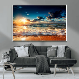 Golden Hour Sunset Over Ocean Waves Wall Art Canvas Print |